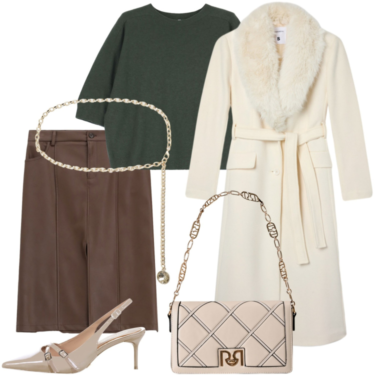 Outfit donna - In ufficio. Stile Casual chic per Ufficio. Abbinamento con cappotti, gonne, cinture, borse a tracolla, décolleté, maglieria.