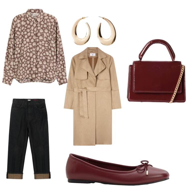 Outfit donna - Outumn in love. Stile Casual chic per Tutti i giorni. Abbinamento con ballerine, orecchini, camicie, borse a tracolla, trench, jeans dritti.