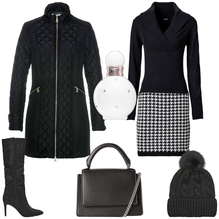 Outfit donna - Total look #2268187. Stile Chic per Serata fuori. Abbinamento con vestiti, blazer, profumi, borse a tracolla, stivali, berretti.