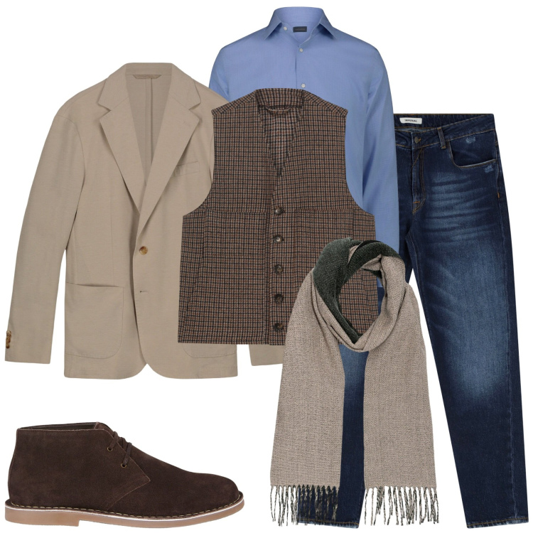 Outfit uomo - Glamour discreto. Stile Casual per Ufficio. Abbinamento con jeans dritti, giacche, stivali e stivaletti, sciarpe, camicie, gilet.