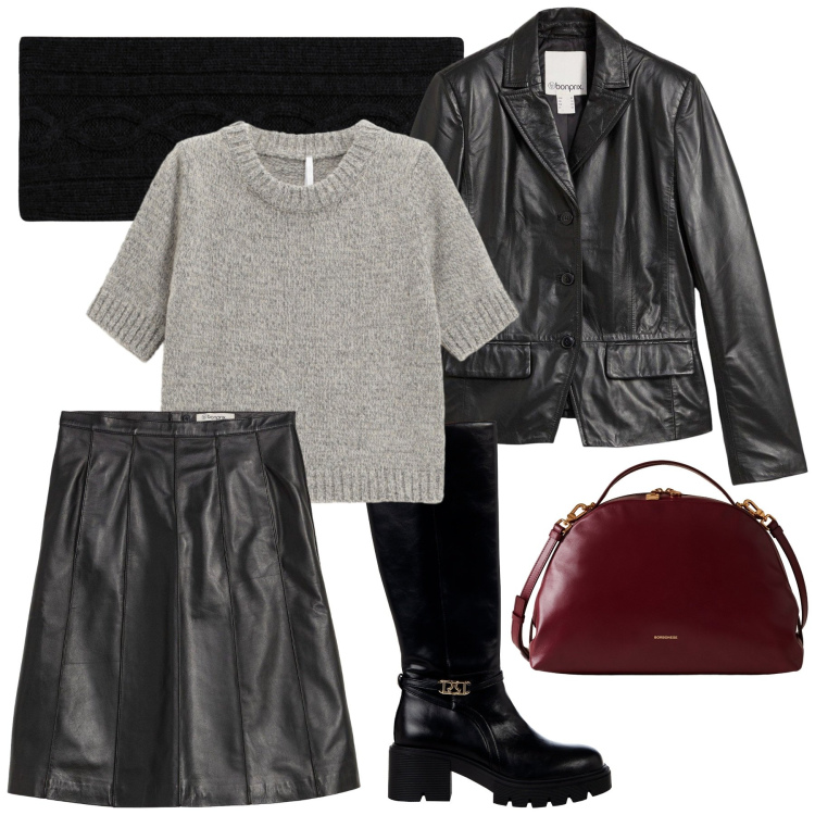 Outfit donna - In città. Stile Casual chic per Tutti i giorni. Abbinamento con gonne, blazer, stivali sopra il ginocchio, maglieria, fasce per capelli, borse a mano.