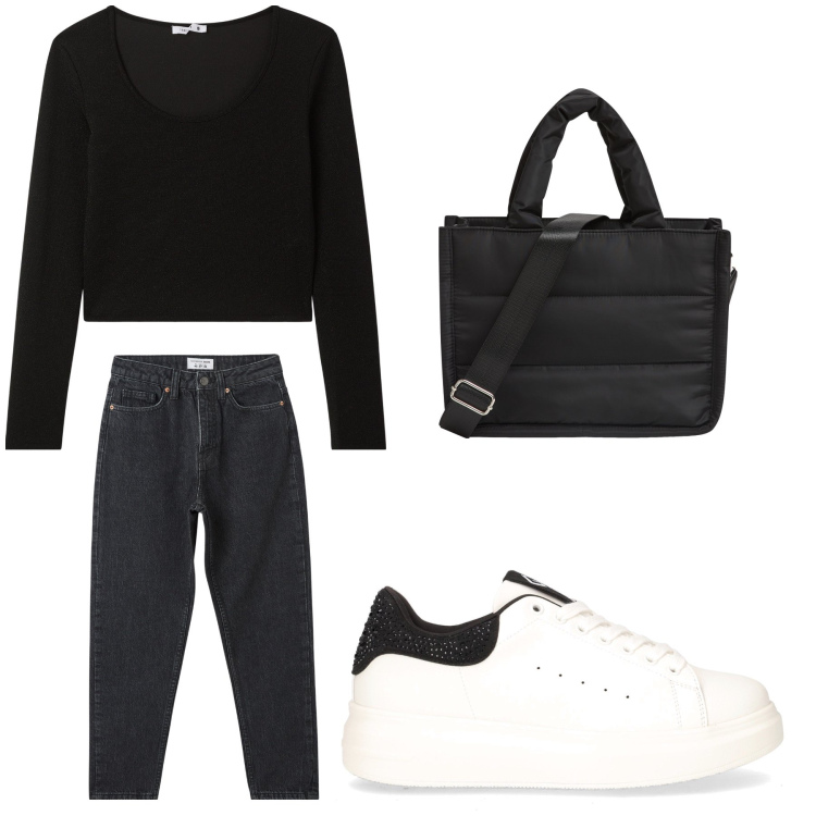 Outfit donna - Aperitivo. Stile Trendy per Tutti i giorni. Abbinamento con t-shirt, shopping bag, jeans mom, sneakers.