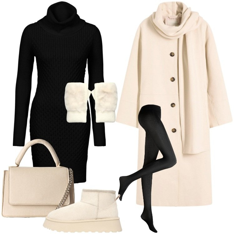 Outfit donna - Total look #2268197. Stile Basic per Tutti i giorni. Abbinamento con vestiti, cappotti, collant, borse a tracolla, stivaletti, guanti.