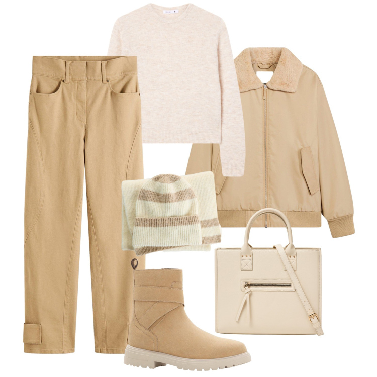 Outfit donna - Tempo libero toni neutri. Stile Casual per Tutti i giorni. Abbinamento con stivaletti, bomber, sciarpe, pantaloni, shopping bag, maglieria.
