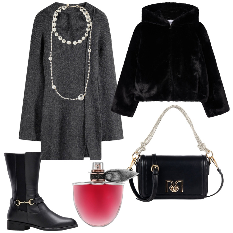 Outfit donna - Total look #2268199. Stile Chic per Serata fuori. Abbinamento con stivali, vestiti corti, profumi, ecopellicce, borse a mano, collane.