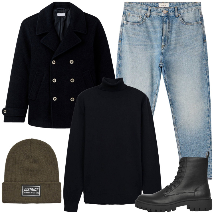 Outfit uomo - Total look #2268200. Stile Trendy per Tutti i giorni. Abbinamento con cappotti, jeans dritti, anfibi, maglieria, berretti.