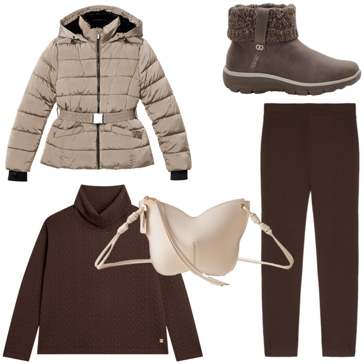 Outfit donna - Primi freddi. Stile Urban per Tutti i giorni. Abbinamento con stivaletti, piumini, borse a tracolla, maglieria, leggings.