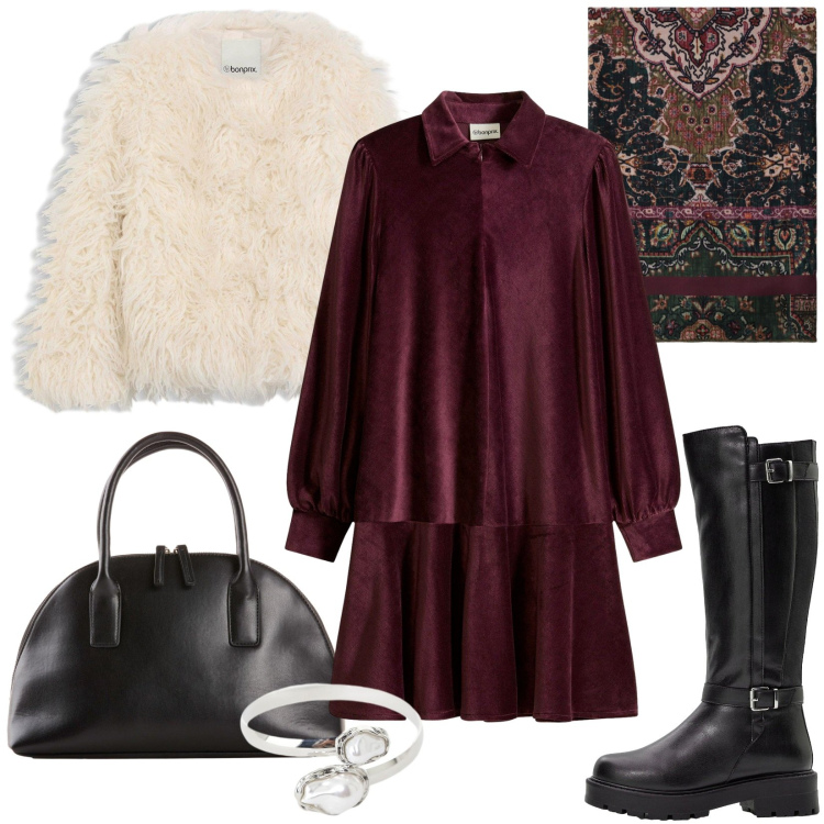 Outfit donna - Total look #2268202. Stile Chic per Serata fuori. Abbinamento con vestiti corti, stivali, ecopellicce, shopping bag, foulard, braccialetti.