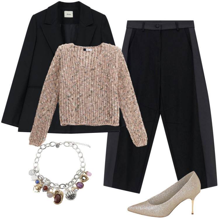 Outfit donna - Total look #2268203. Stile Casual chic per Serata fuori. Abbinamento con décolleté, maglieria, pantaloni, blazer, braccialetti con ciondoli.