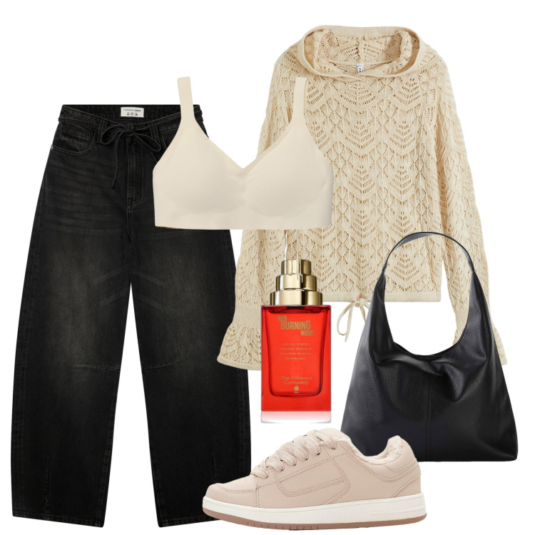 Outfit donna - Ecrù e denim nero. Stile Casual chic per Tutti i giorni. Abbinamento con maglieria, shopping bag, sneakers, profumi, jeans, bralette.