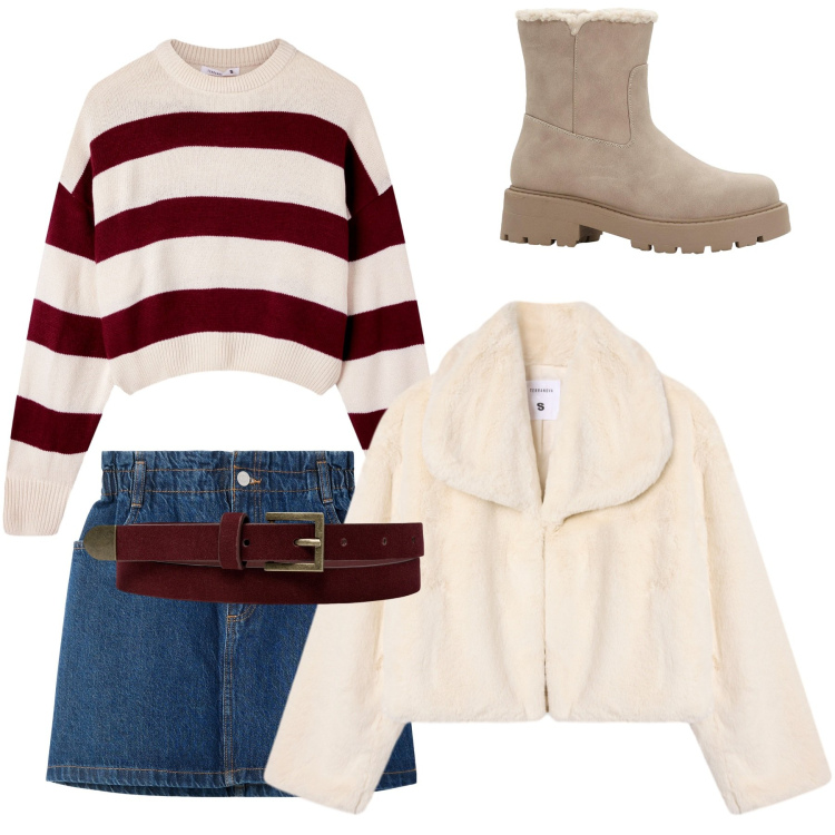 Outfit donna - Il pomeriggio. Stile Casual per Tutti i giorni. Abbinamento con sneakers alte, minigonne, maglieria, ecopellicce, cinture.