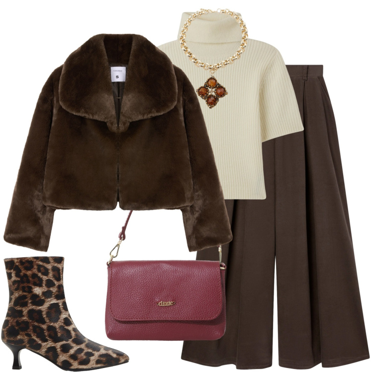 Outfit donna - Al caffè. Stile Glamour per Tutti i giorni. Abbinamento con stivaletti, maglieria, ecopellicce, pantaloni, collane, borse a tracolla.