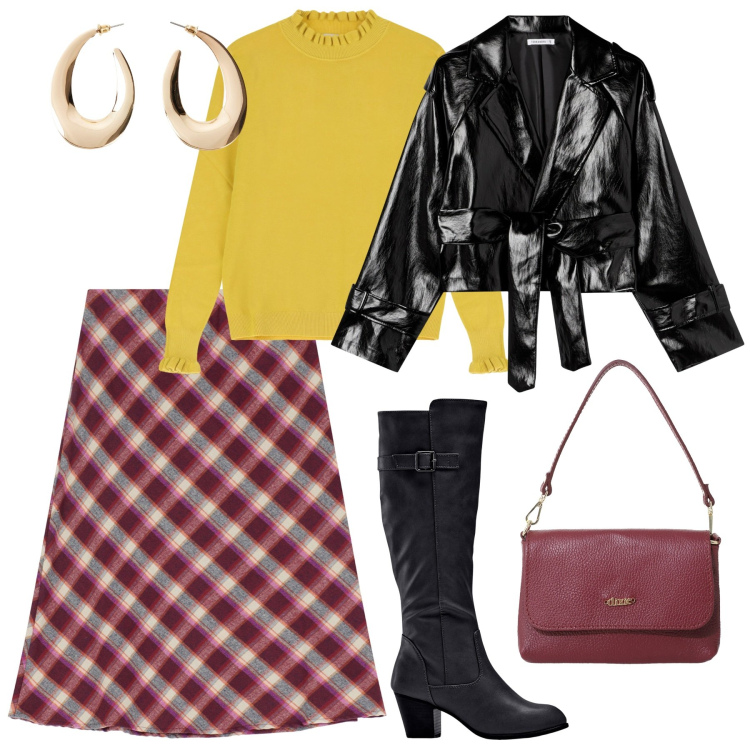 Outfit donna - 70s. Stile 70s per Serata fuori. Abbinamento con stivali, orecchini, giacche, borse a tracolla, maglieria, gonne.