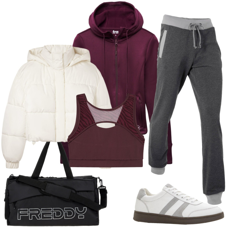 Outfit donna - In palestra. Stile Sporty chic per Sport. Abbinamento con pantaloni sportivi, sneakers, bomber, felpe sportive, top sportivi, borse sportive.