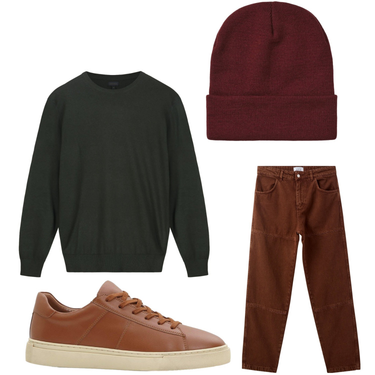 Outfit uomo - Autunno. Stile Casual per Tutti i giorni. Abbinamento con sneakers, pantaloni, berretti, maglieria.