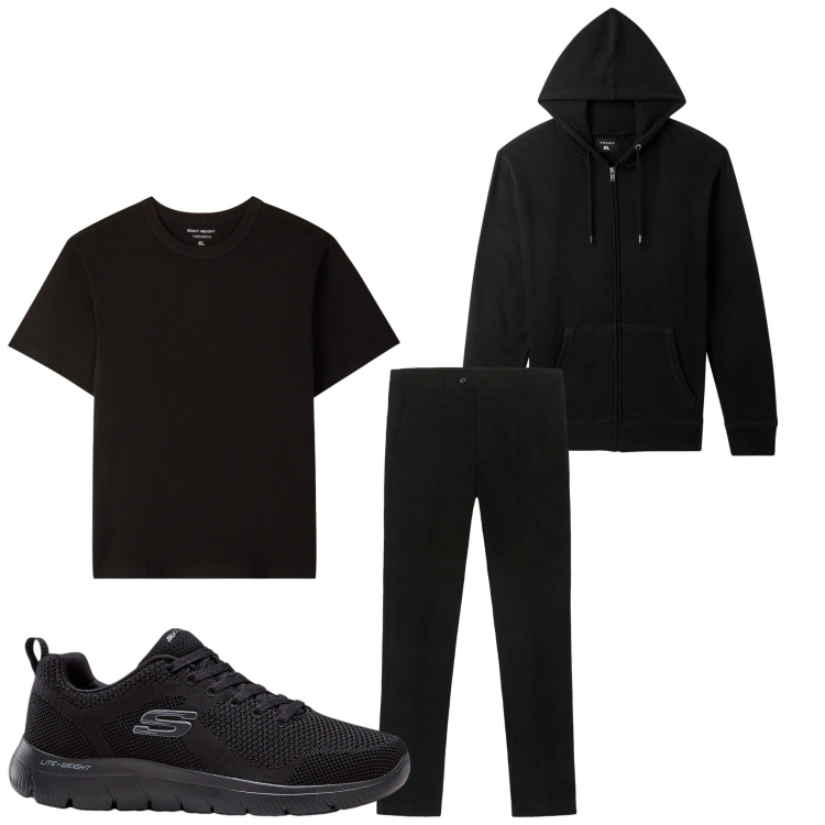 Outfit uomo - Tutto black. Stile Casual per Tutti i giorni. Abbinamento con sneakers, felpe con cappuccio, t-shirt, pantaloni chino.