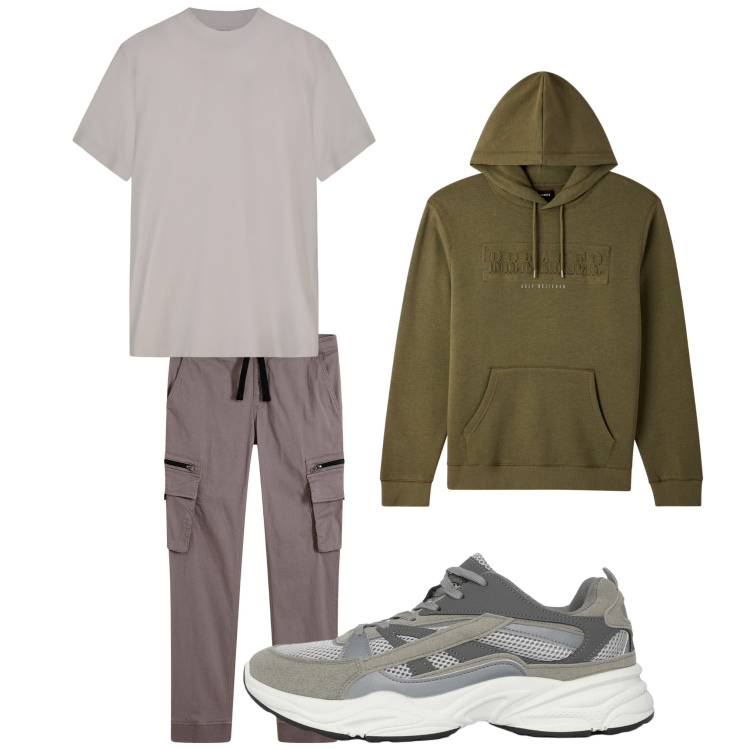 Outfit uomo - Comodo. Stile Casual per Tutti i giorni. Abbinamento con pantaloni cargo, sneakers, felpe con cappuccio, t-shirt.