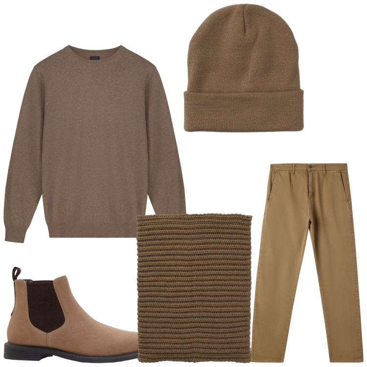Outfit uomo - Fa freschino. Stile Casual per Tutti i giorni. Abbinamento con stivali e stivaletti, pantaloni chino, berretti, scaldacollo, maglieria.