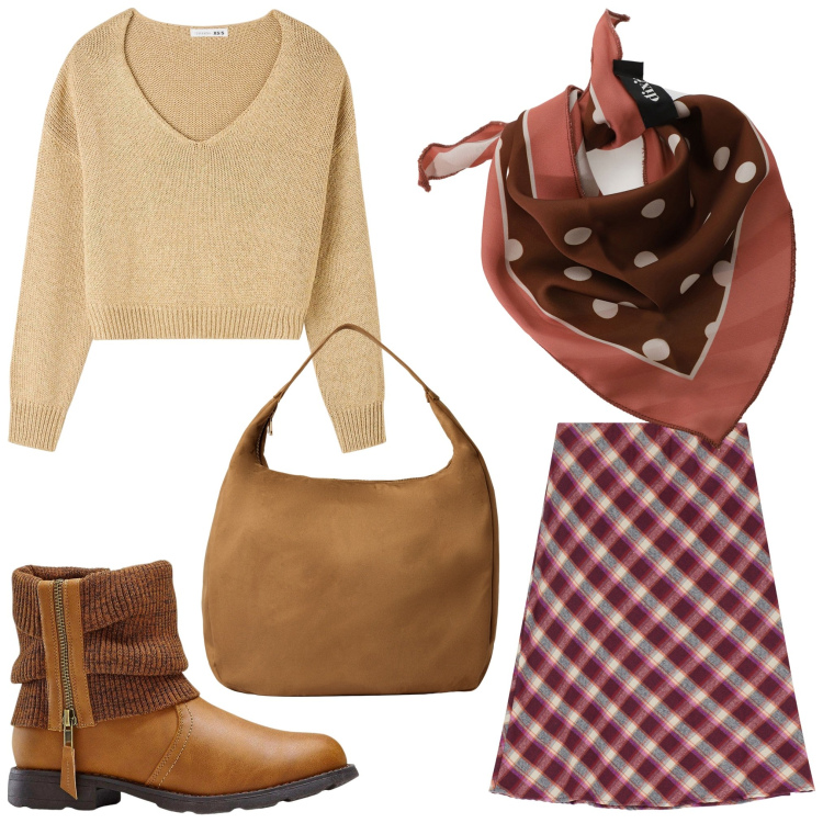 Outfit donna - Allegra. Stile Casual chic per Tutti i giorni. Abbinamento con stivaletti, maglieria, borse a mano, foulard, gonne.