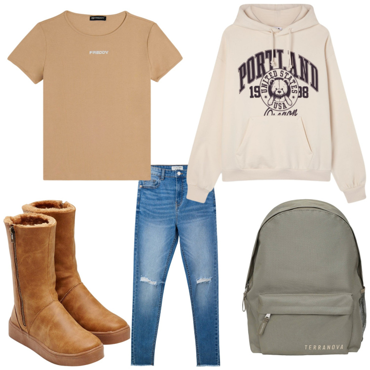 Outfit donna - Due passi. Stile Casual per Tutti i giorni. Abbinamento con stivali, jeans strappati, zaini, felpe con cappuccio, t-shirt.