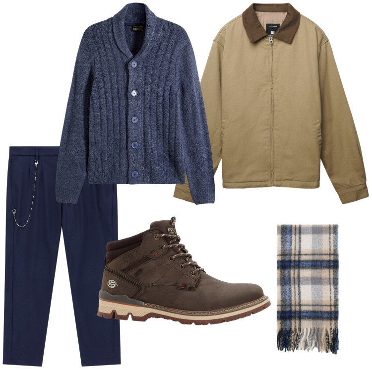 Outfit uomo - Un tocco di cammello. Stile Casual per Ufficio. Abbinamento con cardigans, stivali e stivaletti, giacche, pantaloni, sciarpe.