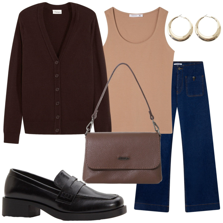 Outfit donna - Fuori porta. Stile Casual per Tutti i giorni. Abbinamento con cardigans, mocassini, jeans, top, borse a tracolla, orecchini.