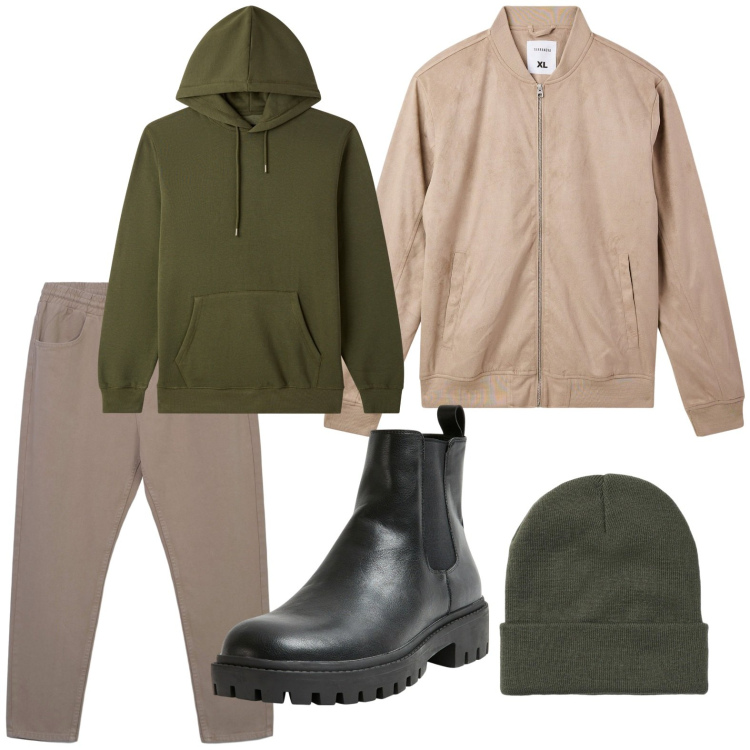 Outfit uomo - Weekend in campagna. Stile Trendy per Tutti i giorni. Abbinamento con stivali e stivaletti, bomber, pantaloni, felpe con cappuccio, berretti.