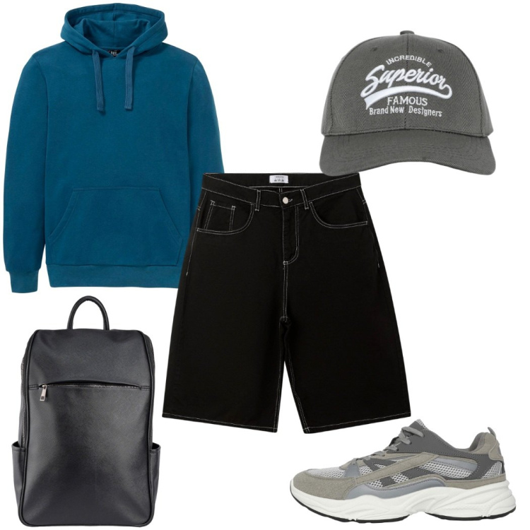 Outfit uomo - Total look #2268275. Stile Trendy per Tutti i giorni. Abbinamento con felpe con cappuccio, cappelli con visiera, bermuda, sneakers, borse sportive.