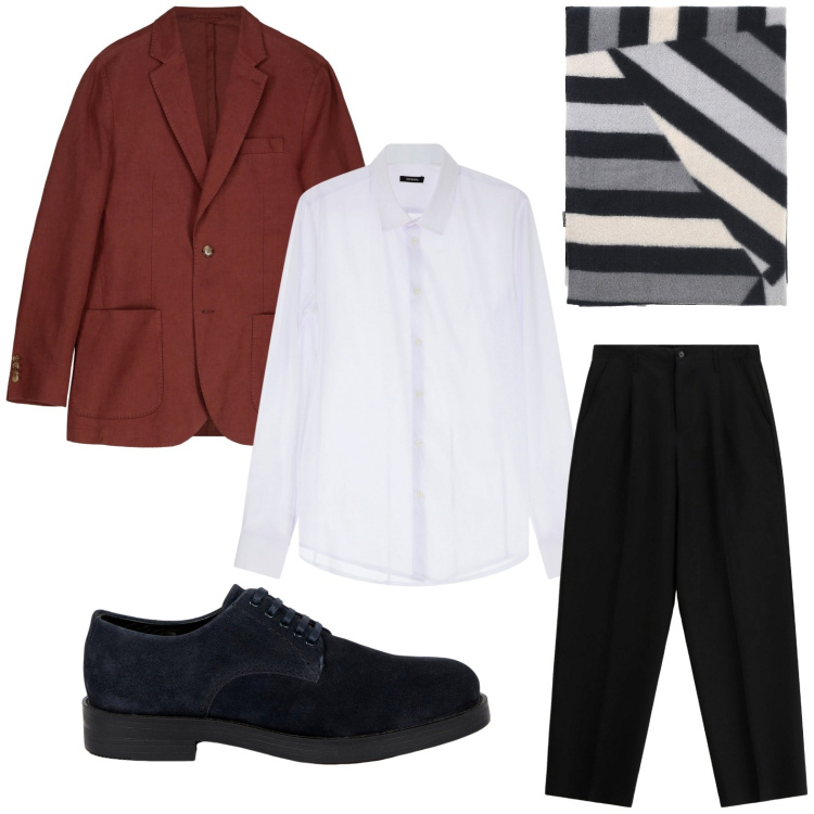 Outfit uomo - Glamour discreto. Stile Urban per Ufficio. Abbinamento con camicie, sciarpe, pantaloni, scarpe stringate, giacche.