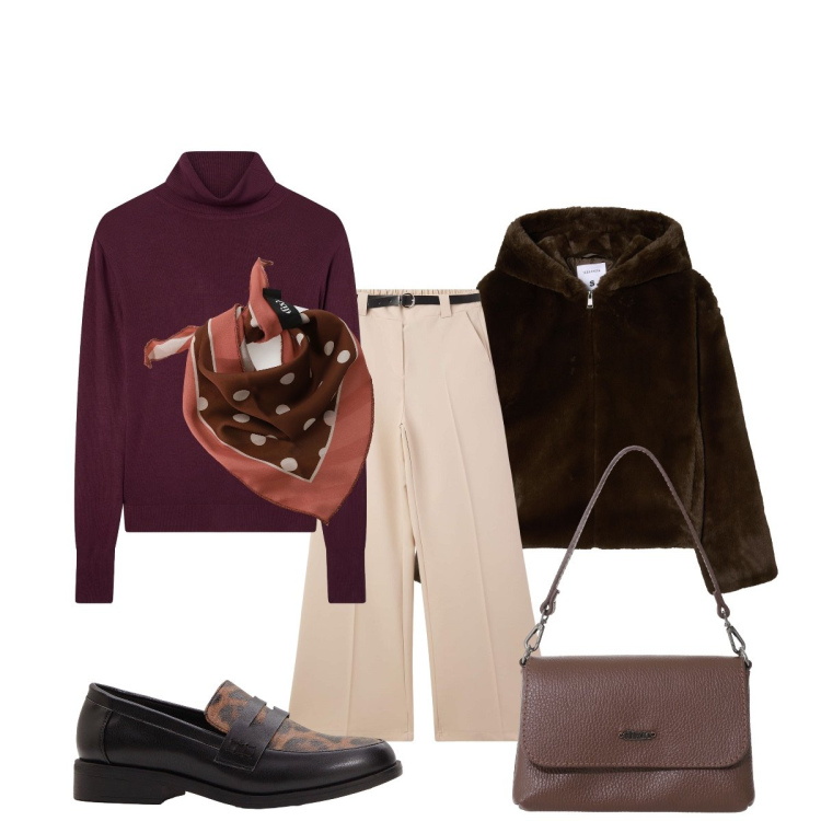 Outfit donna - Oggi con il pellicciotto. Stile Bon Ton per Tutti i giorni. Abbinamento con mocassini, pantaloni, ecopellicce, maglieria, foulard, borse a tracolla.