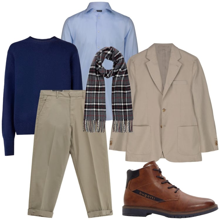 Outfit uomo - Glamour discreto. Stile Trendy per Tutti i giorni. Abbinamento con stivali e stivaletti, pantaloni chino, giacche, pullovers, sciarpe, camicie.