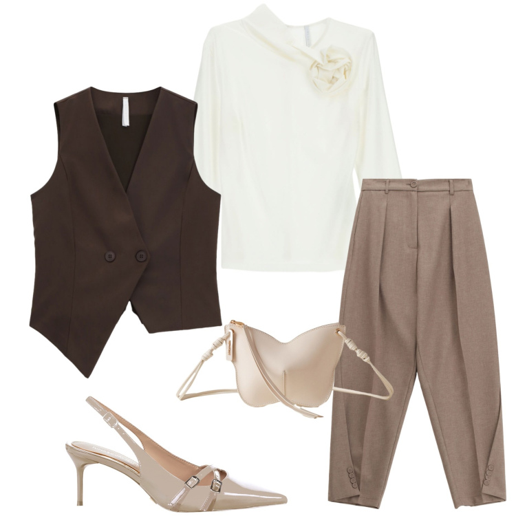 Outfit donna - Gilet asimmetrico. Stile Casual chic per Serata fuori. Abbinamento con décolleté, borse a tracolla, pantaloni, t-shirt, gilet.