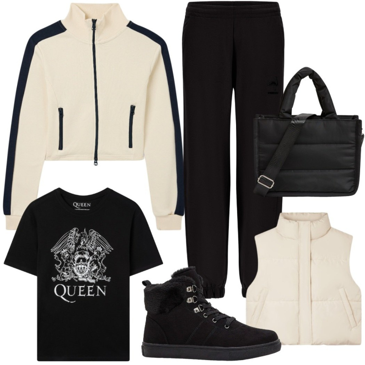 Outfit donna - A lezione. Stile Sporty chic per Scuola/Università. Abbinamento con sneakers alte, felpe, shopping bag, piumini, t-shirt, pantaloni.