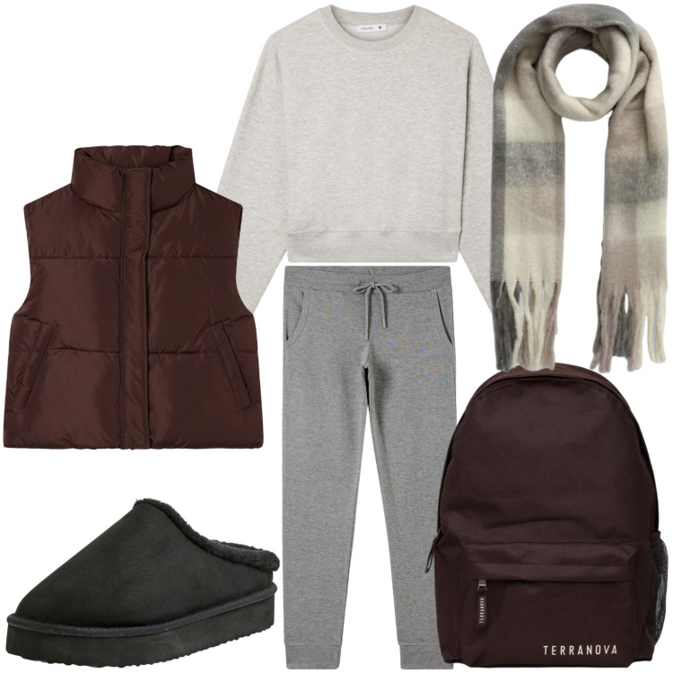 Outfit donna - Quotidianità sportiva. Stile Glamour per Tutti i giorni. Abbinamento con sabot, zaini, piumini, felpe, sciarpe, pantaloni.