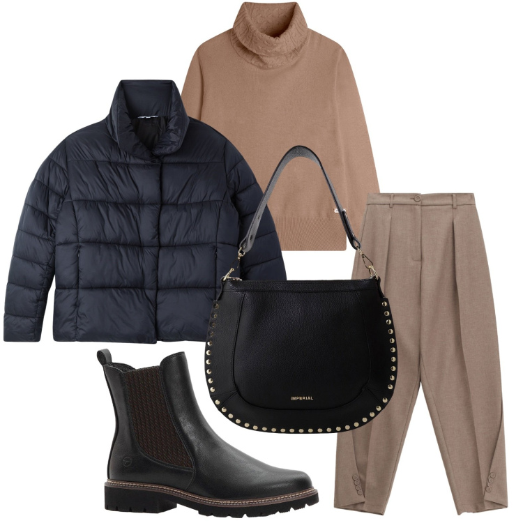 Outfit donna - Ritorno all\'essenziale. Stile Casual per Ufficio. Abbinamento con stivaletti chelsea, bomber, pantaloni, borse a spalla, maglieria.