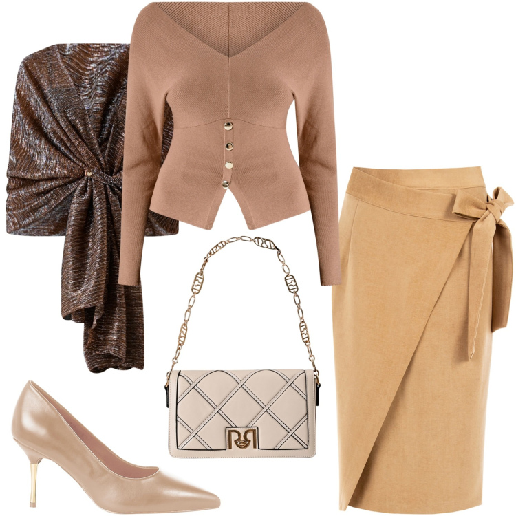 Outfit donna - Rinascimento. Stile Chic per Serata fuori. Abbinamento con gonne longuette, décolleté, borse a tracolla, stole, maglieria.