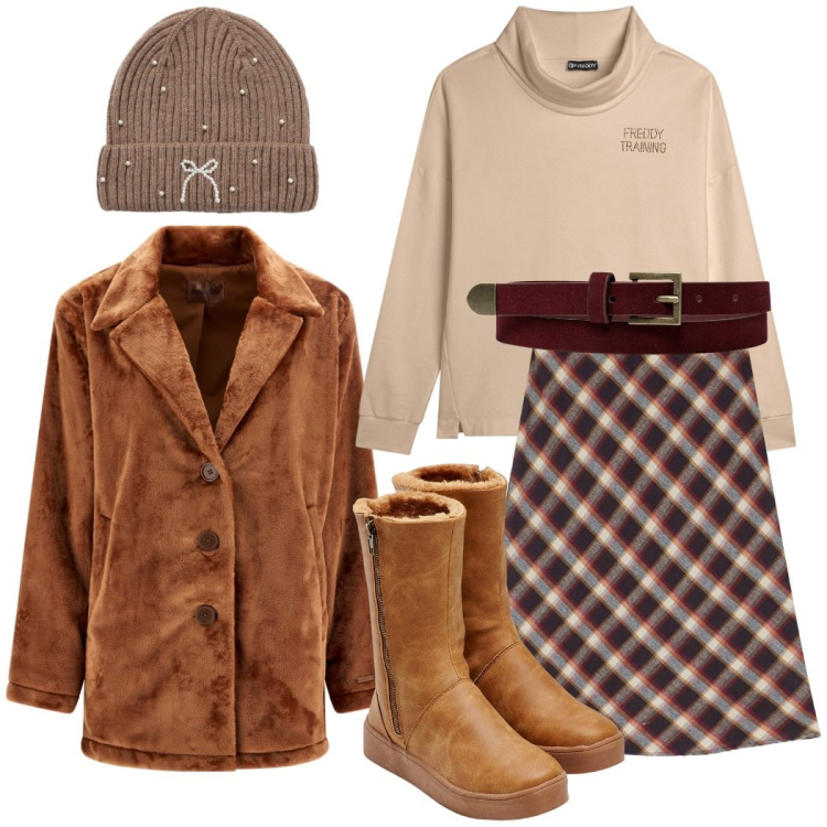 Outfit donna - Total look #2268301. Stile Casual per Tutti i giorni. Abbinamento con stivali, berretti, gonne, cappotti, felpe, cinture.