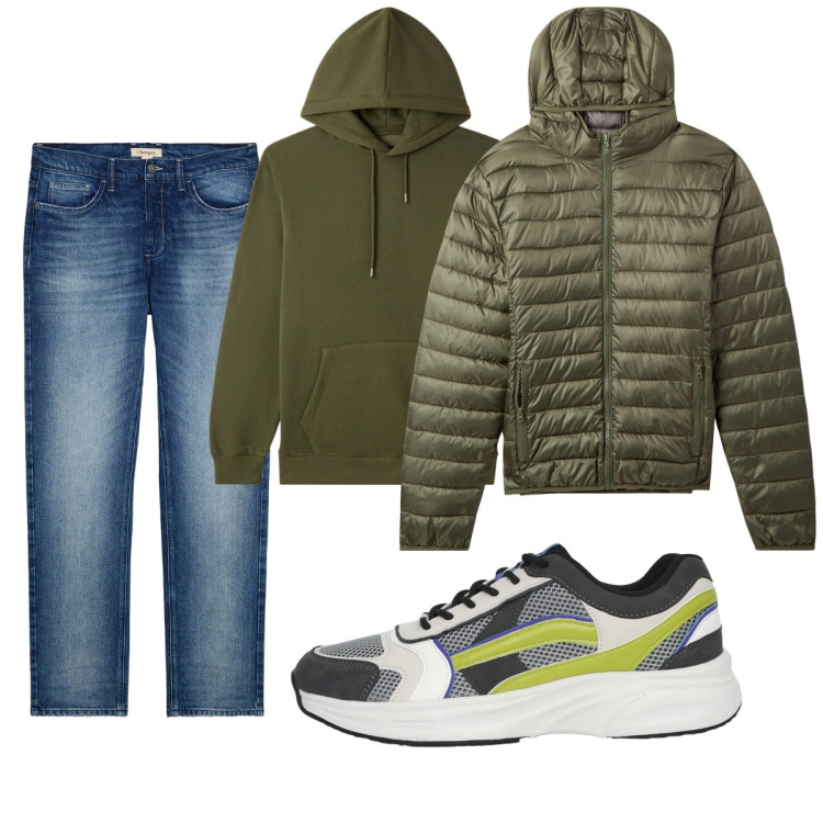 Outfit uomo - Total look #2268302. Stile Casual per Tutti i giorni. Abbinamento con jeans dritti, piumini, felpe con cappuccio, sneakers.