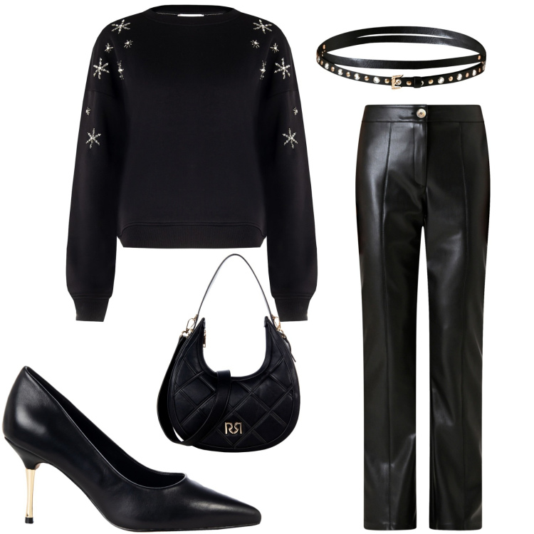 Outfit donna - Rinascimento. Stile Sporty chic per Serata fuori. Abbinamento con pantaloni, borse a tracolla, décolleté, cinture, felpe.