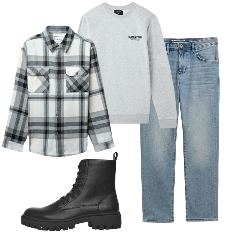 Outfit uomo - Total look #2268306. Stile Casual per Tutti i giorni. Abbinamento con jeans dritti, felpe, anfibi, cappotti.