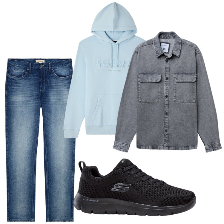 Outfit uomo - Total look #2268311. Stile Casual per Tutti i giorni. Abbinamento con sneakers, jeans dritti, cappotti, felpe con cappuccio.