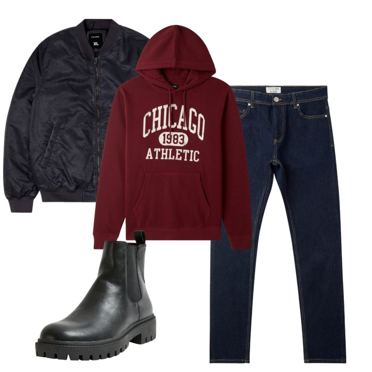 Outfit uomo - Total look #2268312. Stile Urban per Tutti i giorni. Abbinamento con stivali e stivaletti, bomber, jeans skinny, felpe con cappuccio.