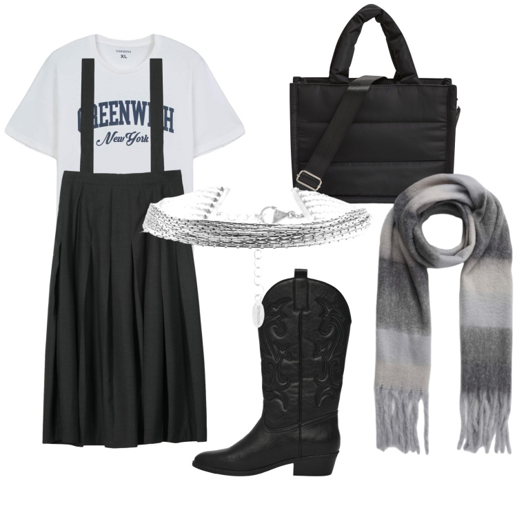 Outfit donna - Comodamente le mie commissioni. Stile Trendy per Tutti i giorni. Abbinamento con shopping bag, t-shirt, sciarpe, stivaletti texani, braccialetti, gonne lunghe.