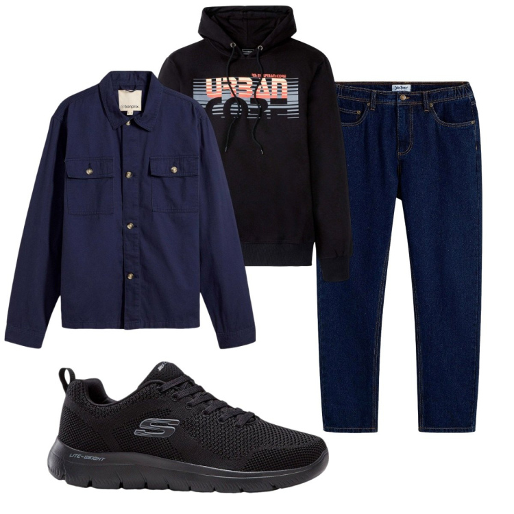 Outfit uomo - Total look #2268316. Stile Casual per Tutti i giorni. Abbinamento con sneakers, felpe con cappuccio, jeans dritti, giacche.