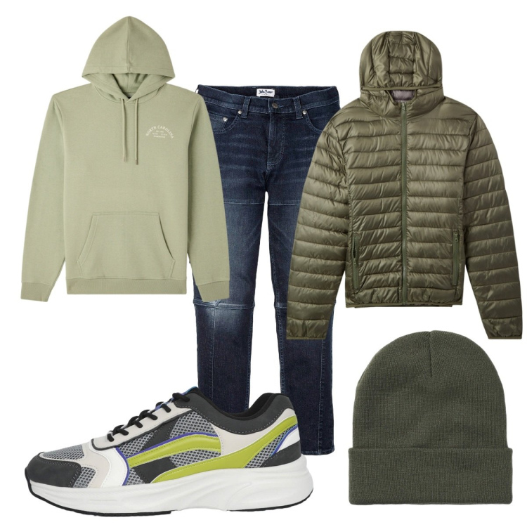 Outfit uomo - Total look #2268319. Stile Casual per Tutti i giorni. Abbinamento con jeans slim fit, piumini, felpe con cappuccio, berretti, sneakers.