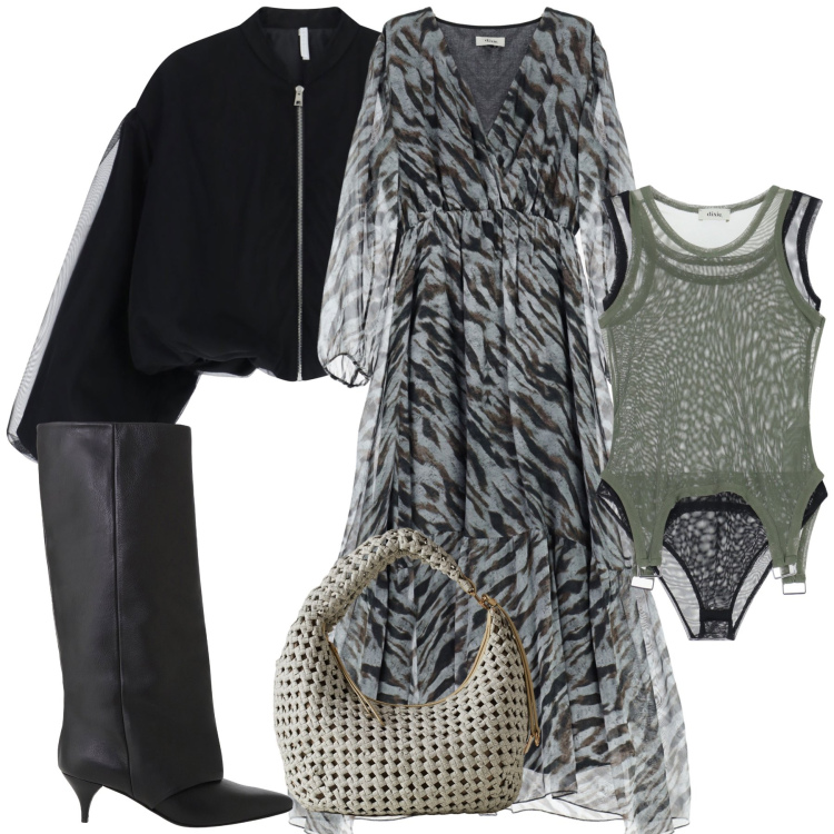 Outfit donna - L intimo wow. Stile Glamour per Serata fuori. Abbinamento con bomber, vestiti lunghi, stivali, body, borse a spalla.