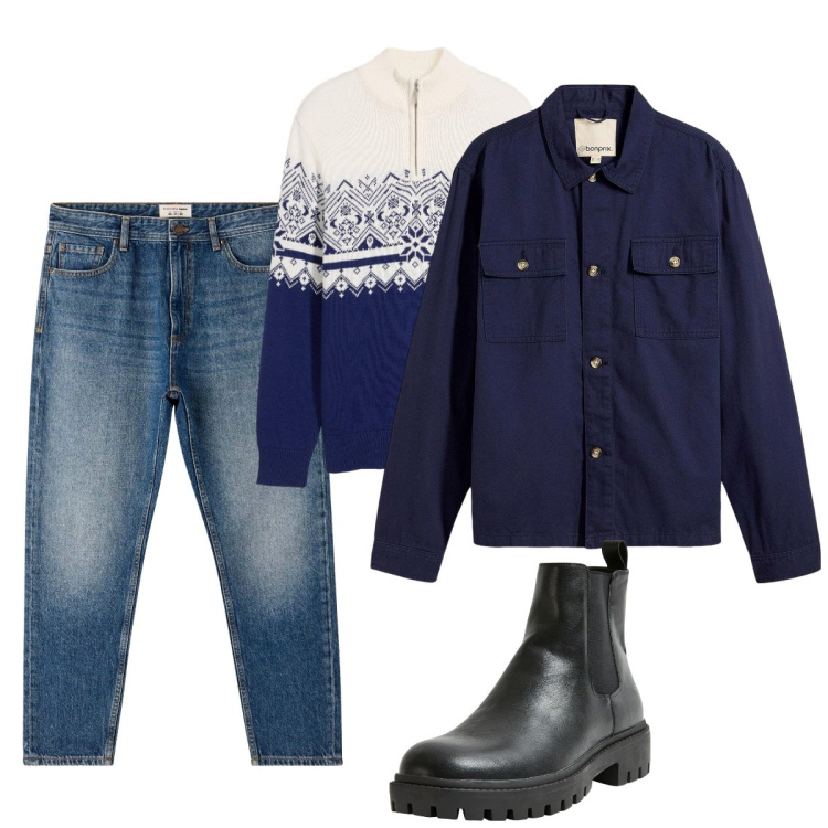 Outfit uomo - Total look #2268324. Stile Casual per Tutti i giorni. Abbinamento con giacche, maglieria, stivali e stivaletti, jeans.