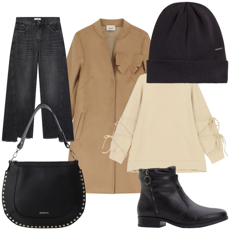 Outfit donna - Città. Stile Urban per Tutti i giorni. Abbinamento con stivaletti, jeans, cappotti, felpe, borse a spalla, berretti.