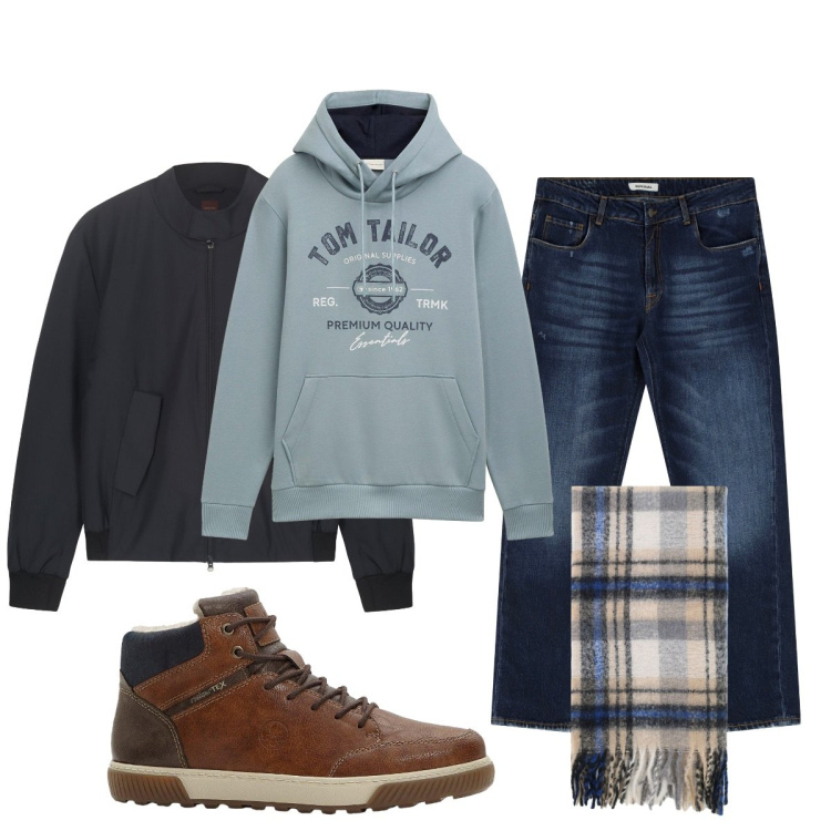Outfit uomo - Total look #2268326. Stile Casual per Tutti i giorni. Abbinamento con felpe con cappuccio, sneakers alte, jeans dritti, sciarpe, bomber.