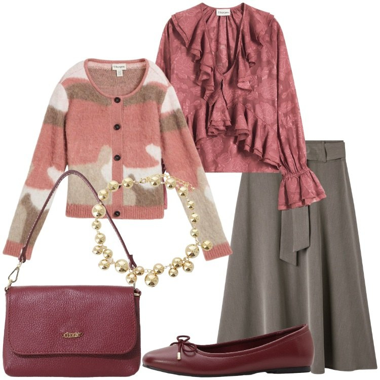Outfit donna - Dolcemente romantica. Stile Romantica per Ufficio. Abbinamento con cardigans, ballerine, bluse, gonne lunghe, borse a tracolla, collane.